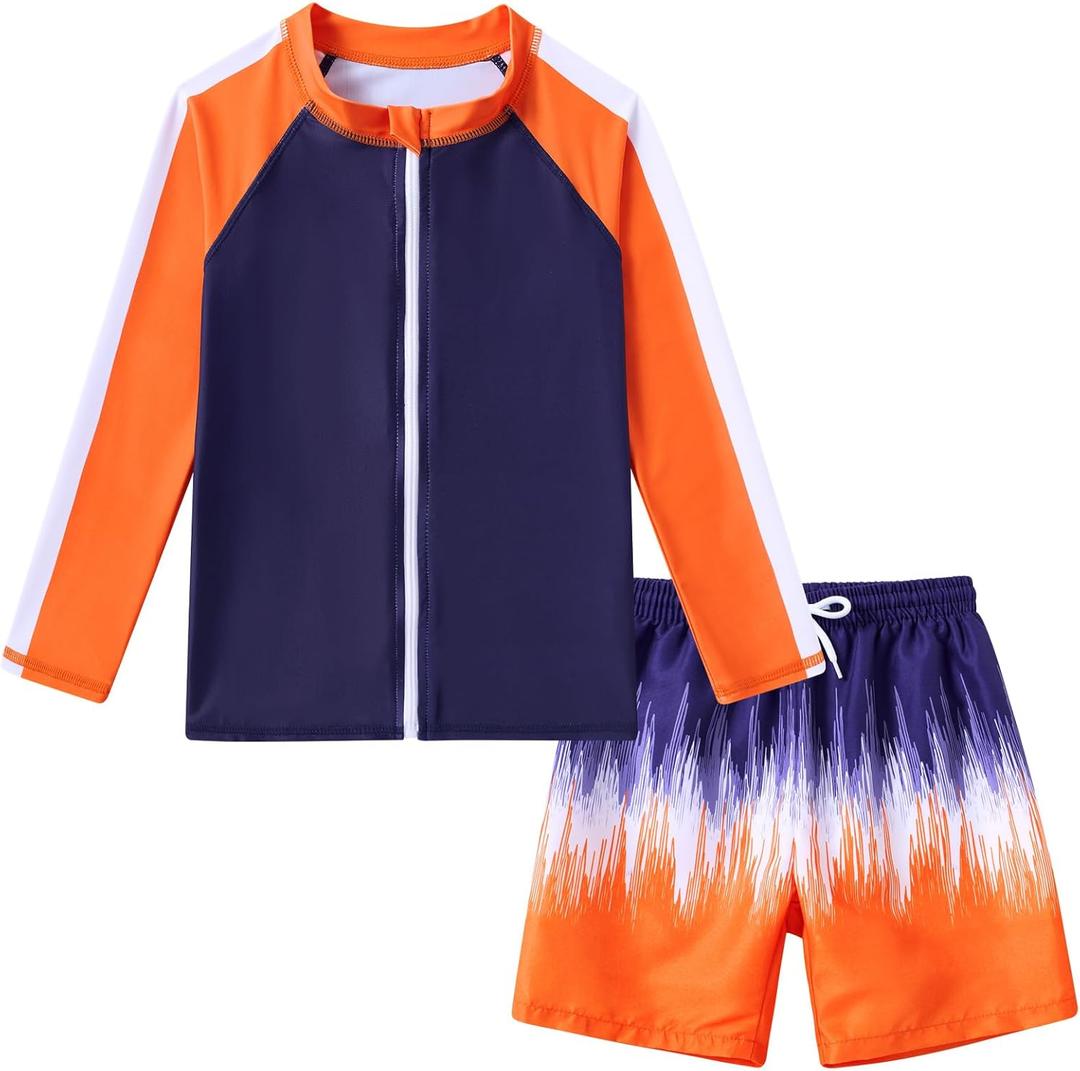 Boys Two Piece Swim Set Zipper Rash Guard Swimsuits Long Sleeve Bathing Suit for 4-12 Years (9-10 Years, Orange Graffiti)