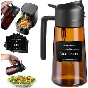 OURCABECUE 2 in 1 Olive Oil Sprayer for Cooking, 16oz/470ml Light-Blocking Dark Olive Oil Dispenser Bottle for Kitchen, Food-Grade Glass Oil Mister with 8 Oil Stickers
