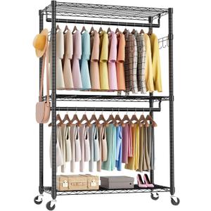 Sweetcrispy Rolling Clothes Rack, Heavy Duty Garment Racks 3 Tiers Portable Adjustable Wire Shelves with Wheels, Hanging Rods, Hooks Freestanding Clothing Wardrobe Closet (17.7"L x 47.2"W x 80.3"H) (Black-Large)