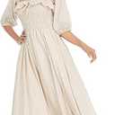 R.Vivimos Women Summer Half Sleeve Cotton Ruffled Vintage Elegant Backless A Line Flowy Long Dresses Beige XL