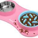 Anipaw Slow Feeder Dog Bowls 3 in 1 Stainless Steel Dog Food and Water Bowls with Non-Spill Non-Skid Silicone Mat to Slow Down Eating for Large Medium Small Breed Size Dogs and Cats (Pink Blue)