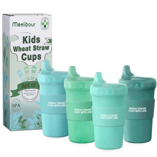 Meolibour 4 Packs Wheat Straw Sippy Cups for Toddlers Kids, Reusable Plastic Spill Proof Cups for Kids Baby, Dishwasher/Microwave Safe - Unbreakable Hard Spout Sippy Cups for Toddlers