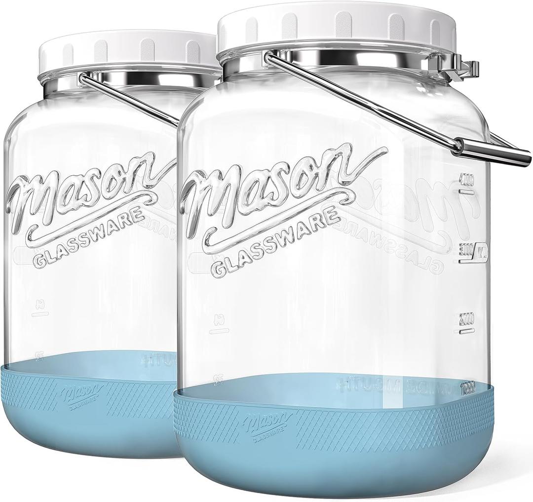1 Pack 1.5 Gallon Glass Jar With Airtight Lid, Large Mason Jars Wide Mouth with Scale Marks, Big Glass Storage Containers with Heavy-duty Handles & Non-slip Bases - for Flour, Pickling (192Oz)