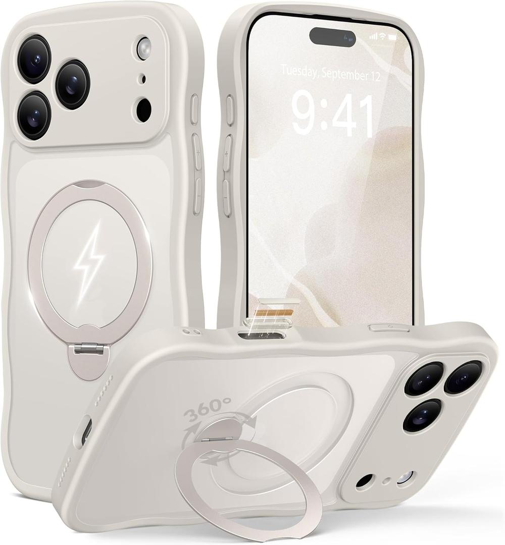 GolbinBox for iPhone 17 Pro Max Case for Women,[Compatible with Magsafe][360 Spin Magnetic Stand][Cute Wave Edge][Military-Grade Protection] Translucent Matte Phone Case for iPhone 17 Pro Max,Stone