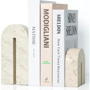 Book Ends for Shelves, Resin Heavy Duty Decorative Bookends, Retro Arch Book Holder for Heavy Books, Imitation Travertine Book Stopper for Home Decor, Study, Bookshelf, Desktop, Set of Two