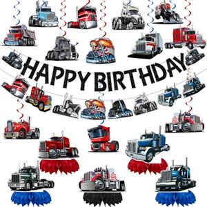 Heavy Truck Party Decorations Cartoon Semi Birthday Party Decor Supplies Includes Happy Birthday Banner Big Truck Hanging Swirls Honeycomb Centerpiece