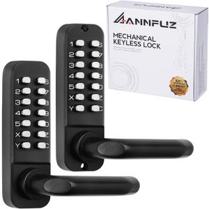 Mechanical Keyless Entry Door Lock with Keypad,Double-Sided Combination Opening Door Handle,Interior Exterior Push Button Passcode Front Door Lever Set,for Gate,Fence,No Battery(Matte Black)
