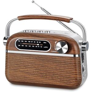 PRUNUS J-130 Retro Portable AM FM Radio AC Plug in Wall,Battery Operated/Rechargeable,Transistor Radios with Bluetooth,Vintage Wood Radio Support TF Card/USB Playing, for Dad and Mom (Brown)