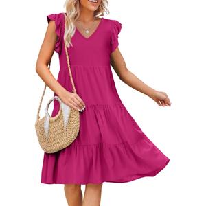 Caracilia Womens Summer Ruffle Sleeve V Neck Midi Dress Flowy Boho Casual A-Line Tiered Knee Length Beach Vacation Sundress Rose, XX-Large