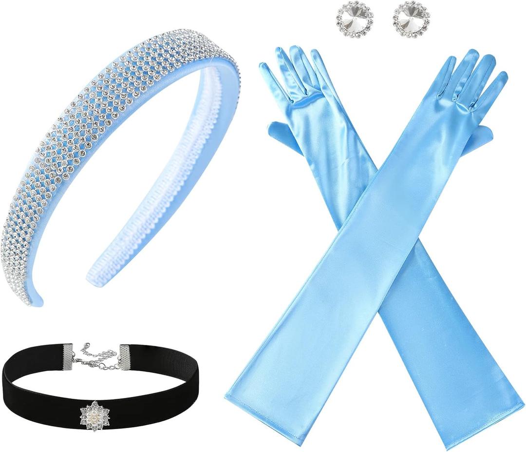 Princess Costume Accessories for Women Headband Choker Earring Long Gloves Set Halloween Dress Up Party Supplies (Blue)