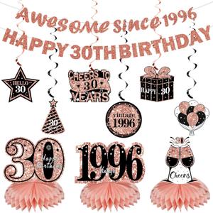Kuxriox 11Pcs 30th Birthday Decorations Kit for Women, Rose Gold Happy 30th Birthday Banner, Awesome Since 1996 Centerpieces Swirls Party Supplies, Thirty Bday Banner Ceiling Table Topper Sign