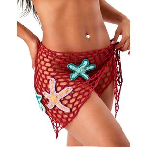 Crochet Beach Sarong Wrap, Red Mesh with Starfish Appliques, Swimsuit Cover Up (red, Medium) (M)