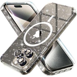 Choiche for iPhone 15 Pro Case Magnetic, Women Clear Glitter Bling Sparkly Case, [3xDiamond Camera Lens Protectors] [2xTempered Glass Screen Protectors] [Compatible MagSafe] (Glitter Gray)