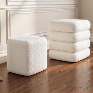Square Set of 2 Sherpa Nesting Storage Ottoman Stool Boucle Vanity Stool Footstool with Removeable lid Load up to 440 lbs for Livingroom Bedroom White UASND69W (16.5" D x 16.5" W x 17.7" H)