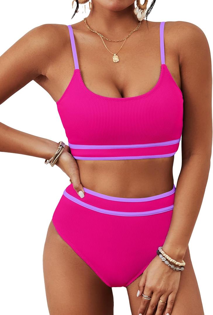 BMJL Women's High Waisted Bikini Ribbed Two Piece Swimsuit High Cut Color Block Adjustable Straps Bathing Suit (Medium, Hot Pink043)