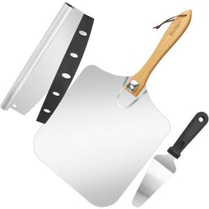 Pizza Peel Aluminum Pizza Spatula,14 inch Metal Pizza Paddle(12"x 14") with Rocker Cutter Foldable Wood Handle, Server for Family Pizza Oven Baking Accessories Dough Bread Pastry