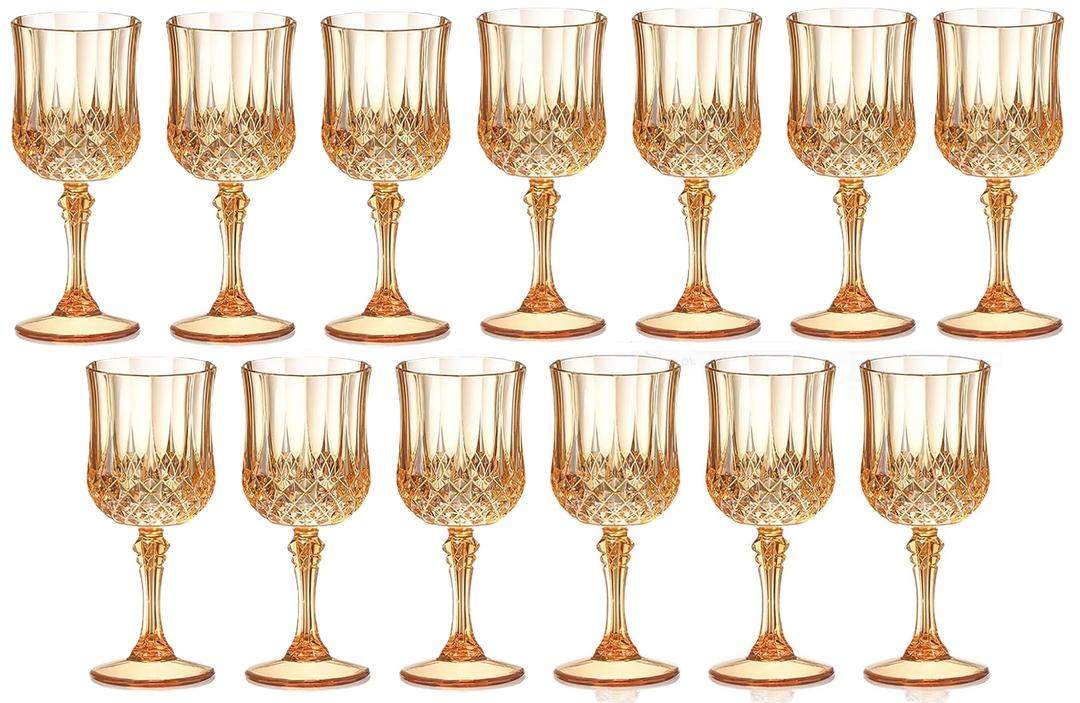 XUWAIDSGN 13 Pcs 7oz Plastic Vintage Wine Glasses Drinking Glasses Unbreakable Wedding Glassware Crystal Water Goblets Reusable Drinkware Vintage Champagne Flutes (13, Amber)