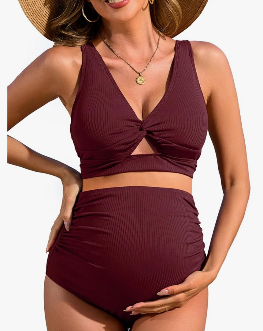 Charmo Maternity Swimsuit Ribbed High Waist Pregnancy Bikini Sets Twist Cutout Front Two Piece Bathing Suit Swimwear 2 XL