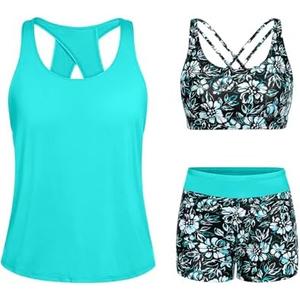 Tempt Me 3 Piece Tankini Swimsuits for Women Athletic Bathing Suits Swim Tank Top with Boy Shorts and Bra Modest Swimwear L