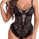 Avidlove Lingerie for Women Sexy Lace Bodysuit Deep V Teddy One Piece Babydoll (Medium, Black)