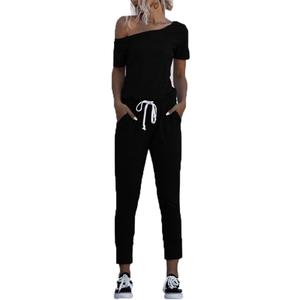 Women Jumpsuits One Off Shoulder Short Sleeve Lace up Waist Pockets Rompers, Large 