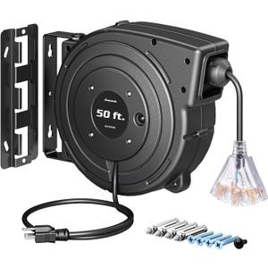 DEWENWILS Retractable Extension Cord Reel, 50FT Heavy Duty Power Cord, 14/3AWG SJTOW, Lighted Triple Tap Outlets, 13 Amp Circuit Breaker, Ceiling/Wall Mount, UL Listed (Black)