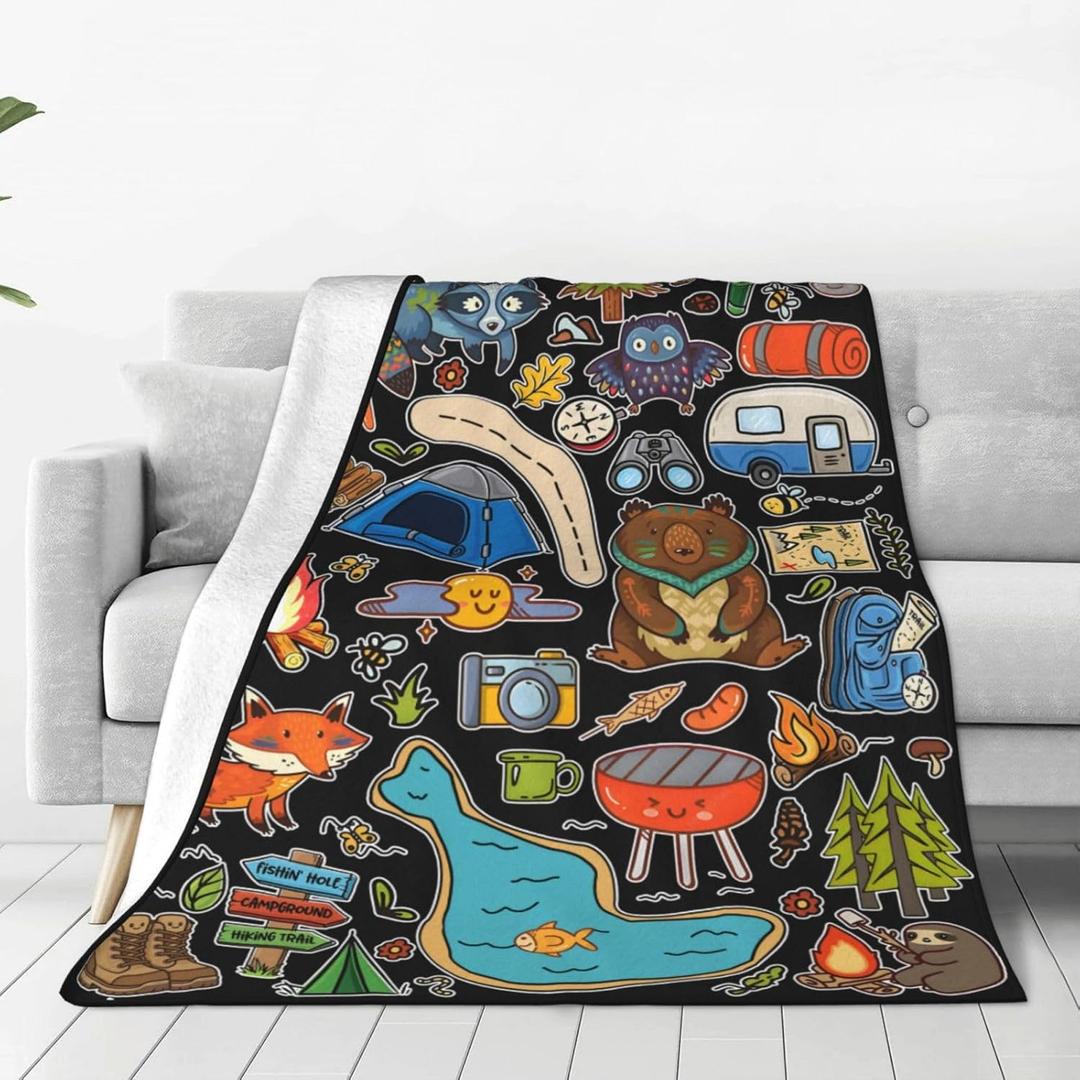 Camping Blanket, Comfort Soft Flannel Camping Throw Blanket, Ideal for Living Room and Bedroom Decor, Perfect Loves Camping Blanket for Everyone 50"X40" (Black)