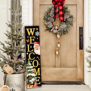 Christmas Wooden Porch Sign 31.5" Santa Welcome Porch Sign with Stars, Snowflakes, and Gift Accents for Home Front Door Yard Party Decor