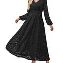 Women's Long Puff Sleeve Floral Maxi Dress V Neck Lace Eyelet Hollow Out A Line Flowy Boho Spring Wedding Guest Party Dresses (US, Alpha, Large, Regular, Regular, Black)