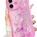 UEEBAI Wave Butterfly Case for iPhone 16 Case, Pretty Bling Star Butterfly for Women Cute Shiny Glitter Phone Cover for Girls Bling Clear Cover Curly Shockproof Girly Shell - Hot Pink