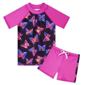 Lovekider Girls Two-Piece Swimsuits with Shorts Shirt Summer Neon Butterflies Boyshort Rashguard Bathing Suit UPF 50+ UV Liner Quick Dry Swimwear, 5-6 