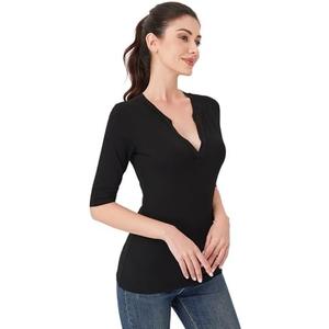 AmélieBoutik Women Deep V Neck Half Sleeve Knit Slim Fitted Tops Casual Work Solid Shirt Blouse, Large , Black 