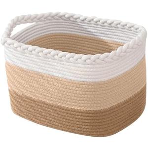 Cotton Rope Storage Basket, Rectangle Woven Baskets with Handles for Shelves, Home Organizer Storage Bins Cubes, Toy Laundry Towel Basket for Living Room Bathroom, 15x10x9.5 Inches, Pack of 1