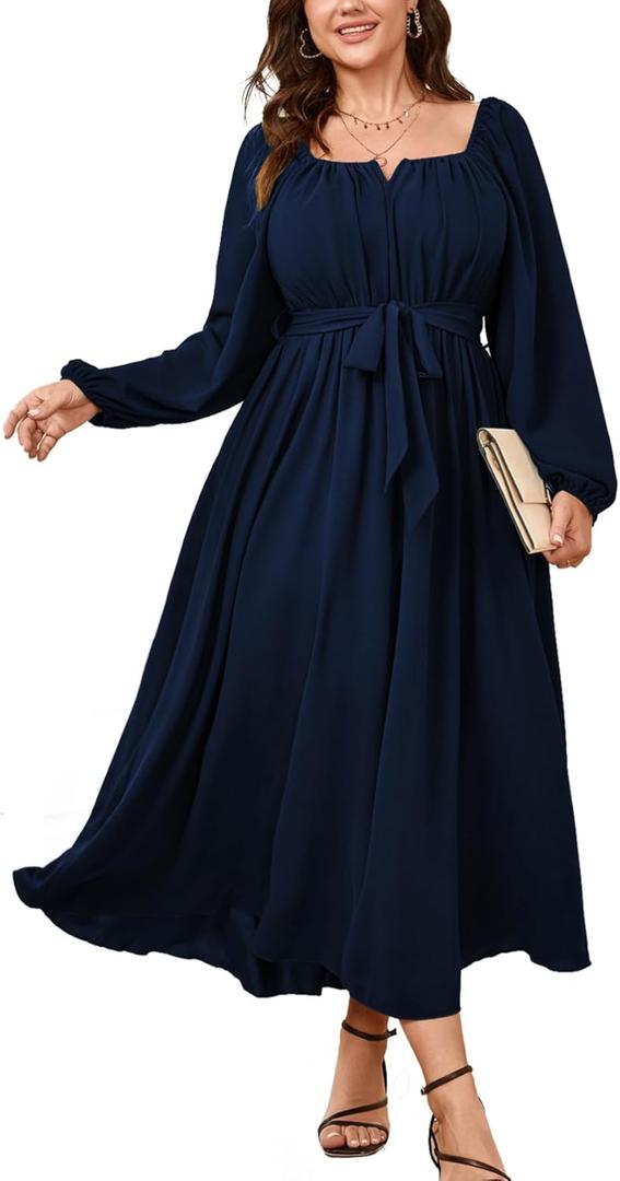 SCOMCHIC Women Plus Size Maxi Dress Long Sleeve Square Neck Wedding Guest Cocktail Belted Elegant Flowy A Line Long Dresses (Navy Blue, XL)
