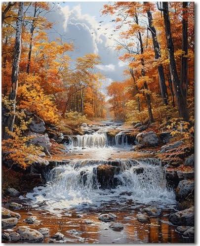 TFIAVSIN DIY Painting by Numbers for Adults, Autumn Forest with Waterfall Paint by Numbers, 16x20 Inch Adults Paint by Number Kits for Beginners, Frameless Color by Number Art Kits