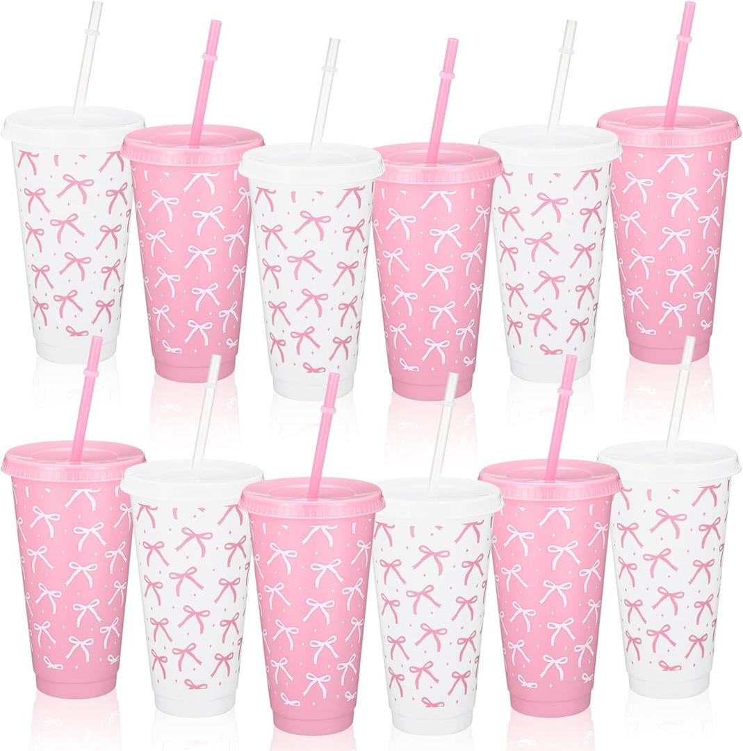 Pickmesh 12 Pcs 24 oz Valentine's Day Pink Bow Plastic Cups with Lids and Straws Coquette Galentines Party Supplies Pink Bow Reusable Tumbler Bulk for Galentines Bachelorette Birthday Party Decoration