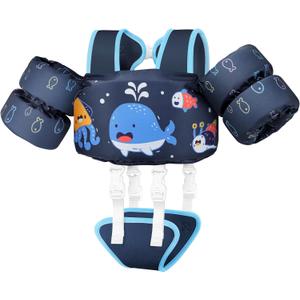 Vvinca Toddler Swim Vest for Kids 13-30-50 lbs Boys Girls Puddle Kids Jumper Toddlers Pool Floaties Jacket with Adjustable Crotch Strap Sleeves Shoulder for 1-5 Years Old Baby Infant Learn to Swimming (02 Deep Blue Whale)