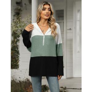 Womens Casual Half Zip Hoodies Trendy Loose V Neck Color Block Sweatshirt Long Sleeve Ribbed Tops (X-Large, Green)