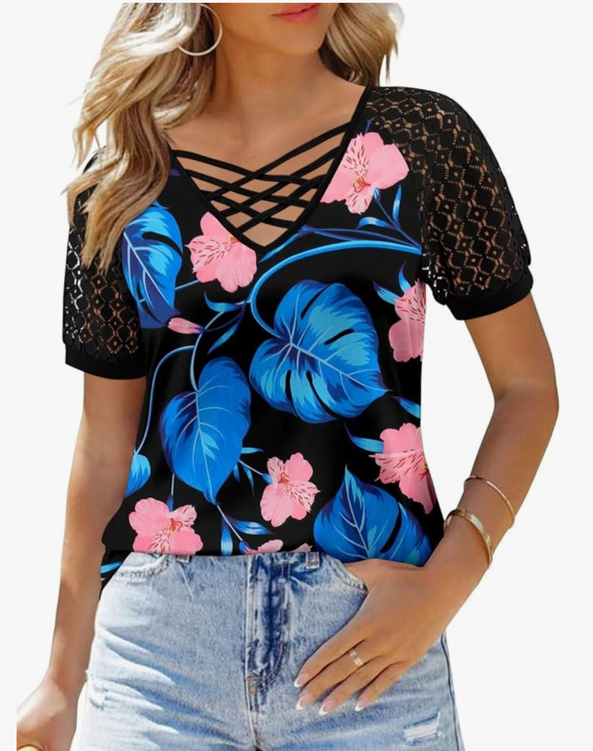 CRAZY GRID Women's T-Shirt Short Sleeve V-Neck Tops 2025 Summer Graphic Trendy Casual Comfy Tshirts,XL