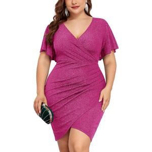 ZOMVA Plus Size 0X-4X Sparkly Glitter Ruched Bodycon Mini Dress Sparkle Sequin Wrap Ruffle Sleeve Dress Cocktail Party Formal, Rose Red, 1X