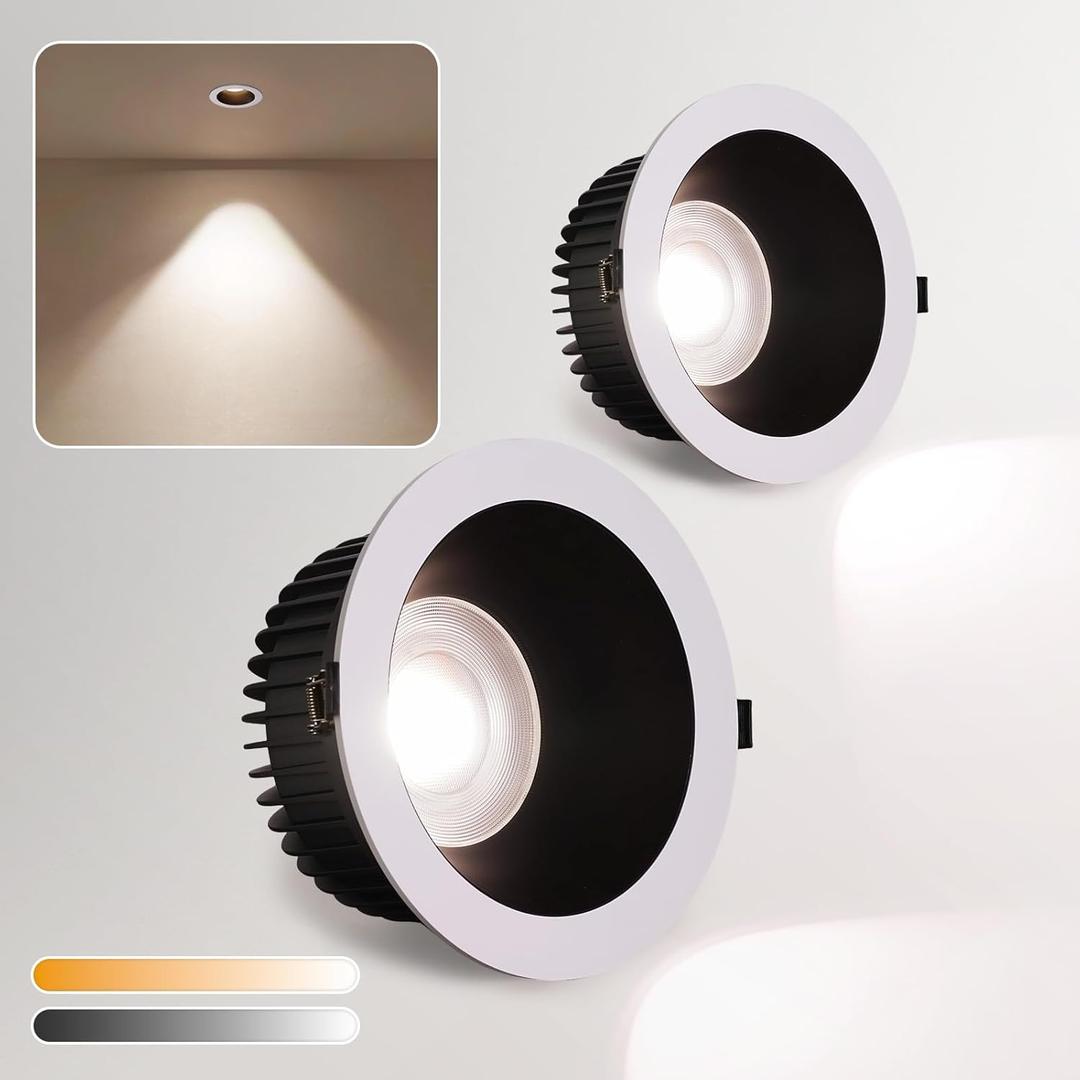 4 Inch Waterproof Recessed Led Lights, 3CCT Recessed Lights with J-Box, Round Recessed Lighting 3000-6000K Selectable, 15W 1700LM Soffit Canless Recessed Light for Bathroom,Living Room,Kitchen (2 PCS) (Black-White)