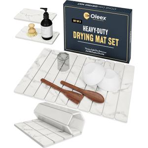 Oleex 3-Pack Stone Dish Drying Mat Set Includes 1 Large 24x16 & 2 Small 4x9 for Kitchen Counter-Collapsible Diatomaceous Earth Pad Absorbs Water & Dries Dishes Fast, Non-slip, Odor-Resistant Mats (White Marble)