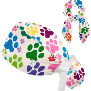 Womens Working Cap Scrub Hats with Bow Scrunchies, Cute Colorful Dog Silhouette Bouffant Surgical Cap Ponytail Holder (L)