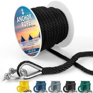 Anchor Rope 50 Ft X 3/8 Inch, Premium Solid Braid MFP Anchor Line, Boat Anchor Rope with Stainless Steel Thimble and Shackle (Black)