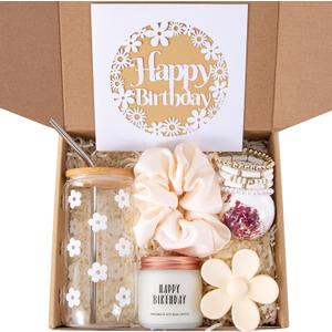 JTEWB Birthday Gifts For Women, Teen Girl, Her, Happy Birthday Gift Box For Girl, Women, Sister, Daughter, Friends, Cute Daisy Aesthetic Glass Cups Gift Set 7pcs (White)