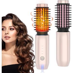 Cordless Hair Curling Iron Brush, Travel Hot Straightener Comb Curl Brush, 3-in-1 Portable Curling Iron Cordless Wand, USB Rechargeable Curling Wand-Blush(Gold)