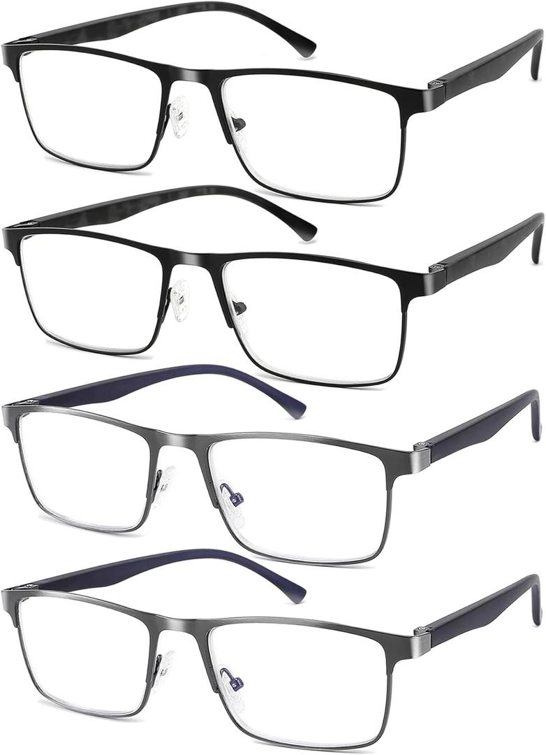 4-Pack Mens Reading Glasses Blue Light Blocking,Spring Hinge Stylish Metal Full Frame Readers for Men Anti Glare Filter Eyeglasses +2.25