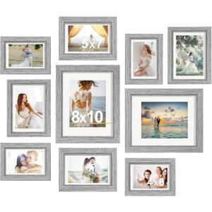 Picture Frames Set of 10 Gray Wood Grain, Bulk MDF Frames for 8x10, 5x7, 4x6 Photos Real Glass for Wall or Tabletop