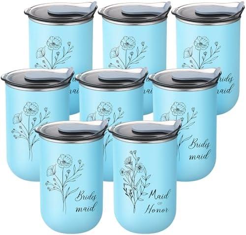 Maxdot 8 Pcs Bridesmaid Proposal Gifts Stainless Steel Cup 10oz Tumbler Bachelorette Party Supplies Bridesmaid Aesthetics Cups Bridal Gift for Engagement Wedding(Blue)