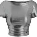 RoseSeek Women's Metallic T-Shirt Short Sleeve Round Neck Tee Ruched Crop Tops Y2k Fitted Shirts (Silver, M)